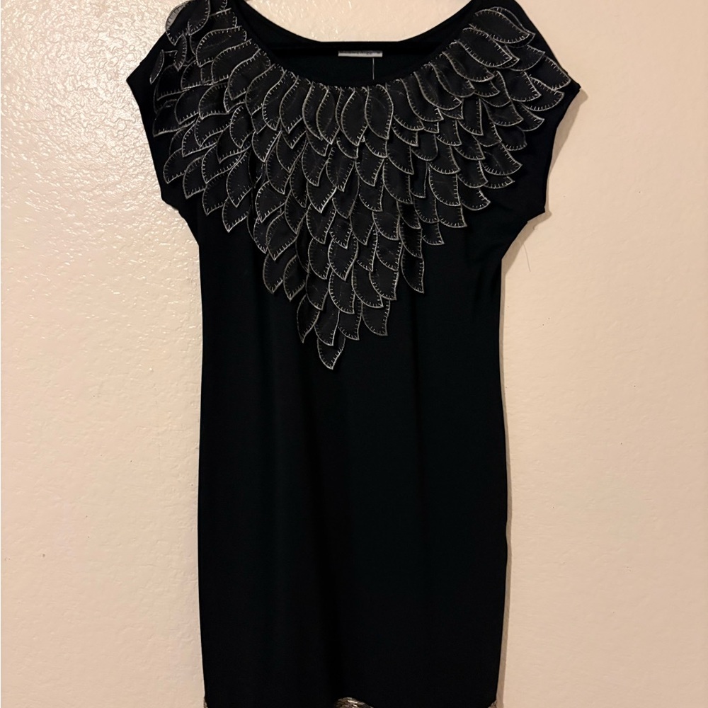 Chic Black Dress with Silver Leaf Accents and embellished hem